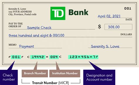 Details of Transit Number # 00430-004 . Bank : Toronto-Dominion Bank . Branch : Nanaimo Terminal Park Plaza . Routing Number : 000400430. Transit Numner (MICR) # 00430-004. Address : 1150 Terminal Ave N, Nanaimo, BC V9S 5L6.